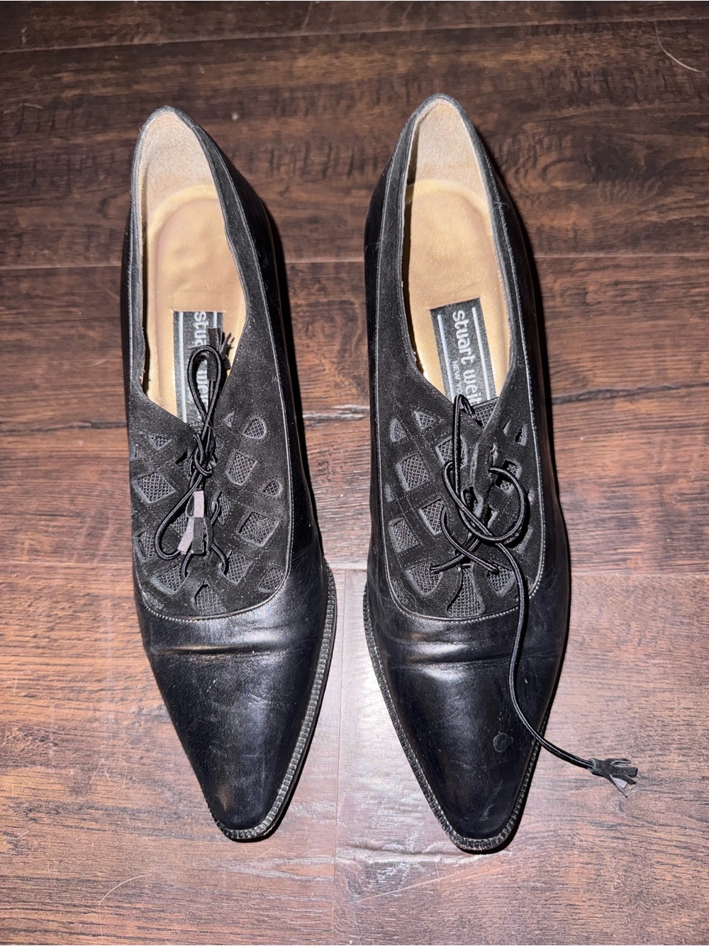 Stuart Weitzman Black Pointed Lace-Up Leather Flats with Mesh Inset